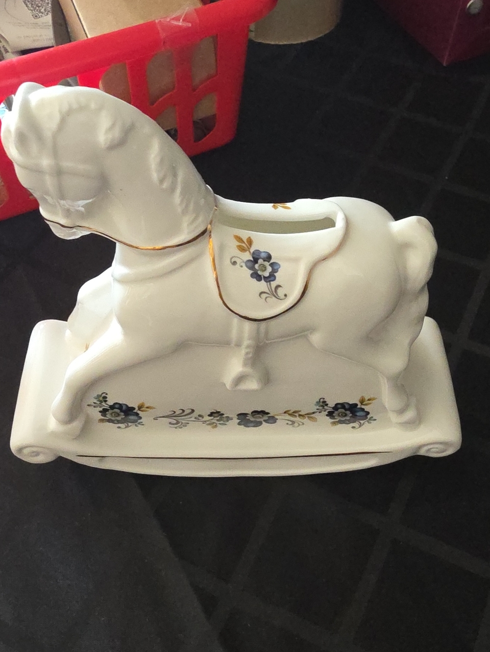 White Ceramic Rocking Horse Planter with Blue Floral Accent